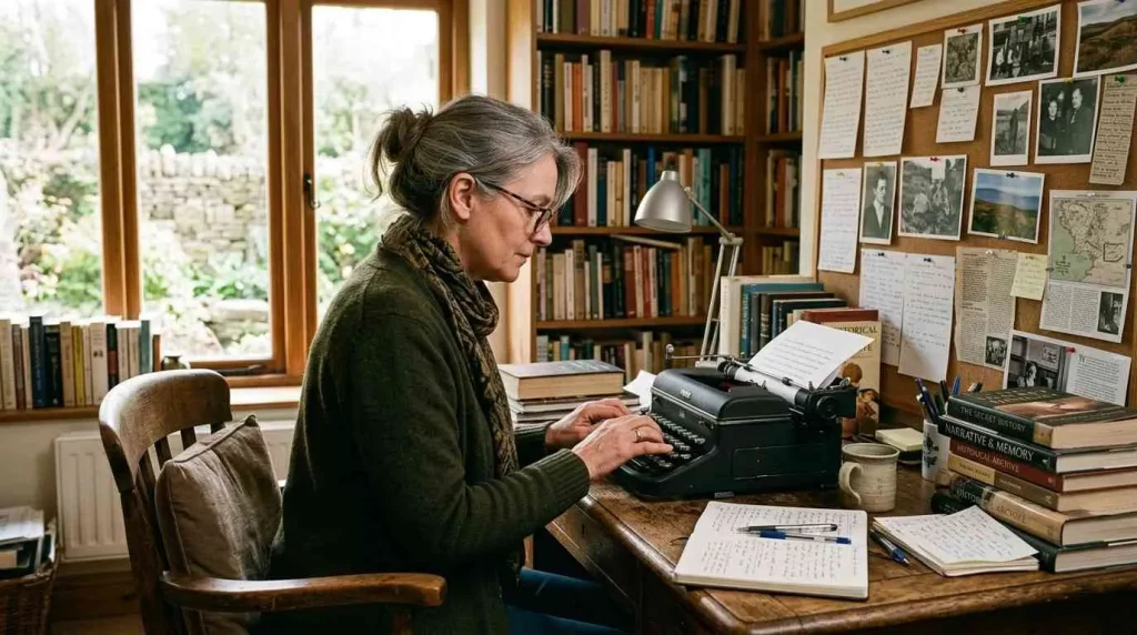 A female author typing a manuscript on a vintage typewriter in a home office filled with bookshelves and a research board with pinned notes.