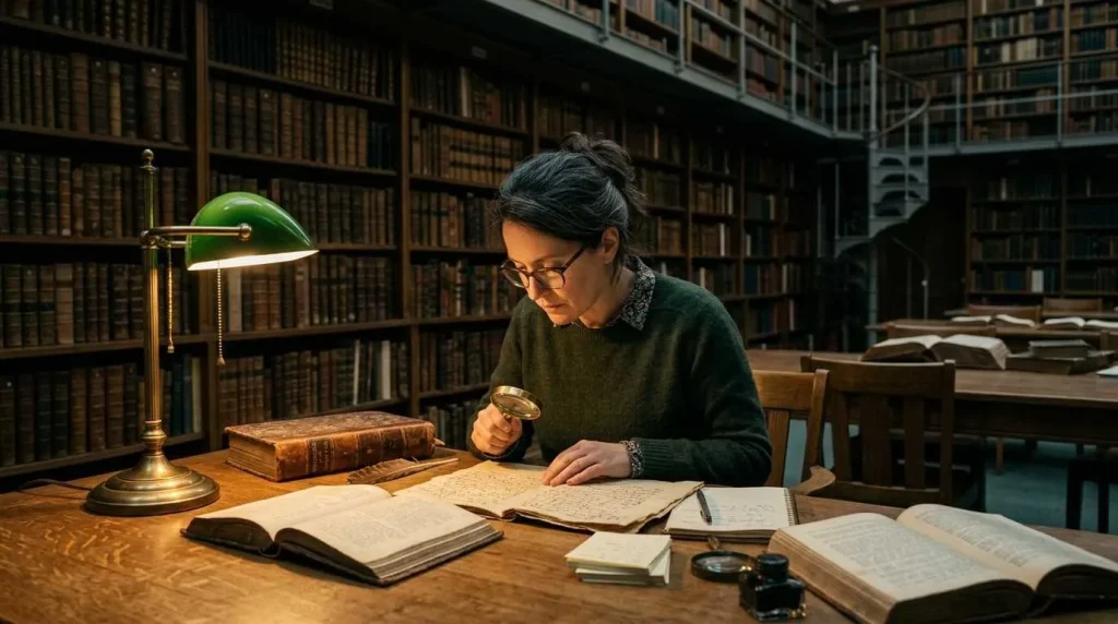 A researcher using a magnifying glass to study ancient manuscripts and historical documents in a dimly lit classical library.