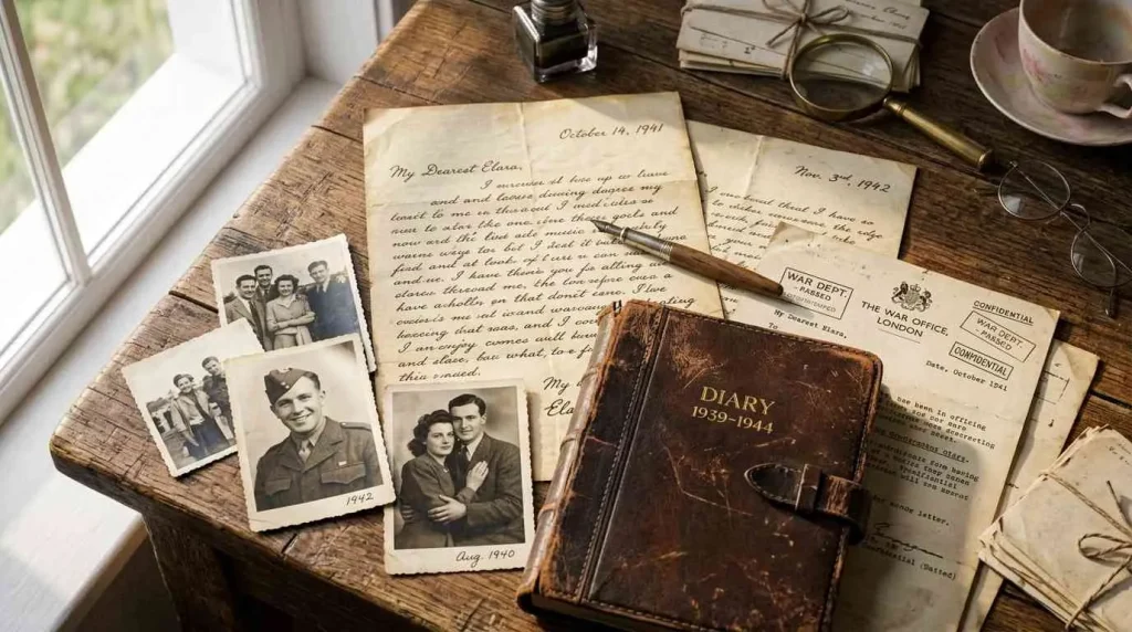 A collection of primary source materials including a 1939-1944 personal diary, vintage black and white photographs, and handwritten letters on a wooden desk
