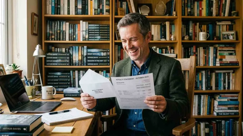 A happy author reviewing a royalty statement in his home library, illustrating the reality of average author earnings per book sold through traditional publishing