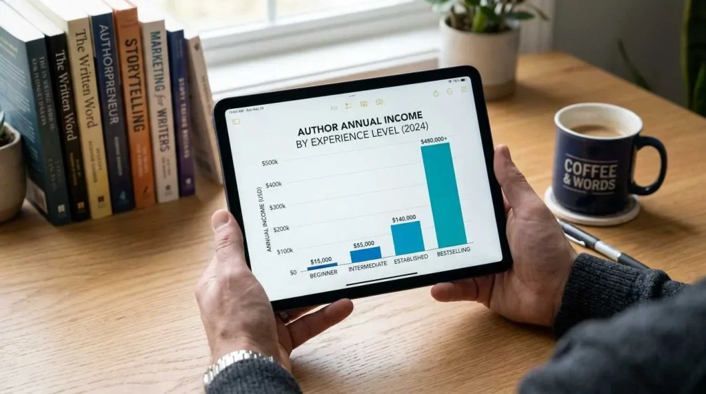 A digital tablet showing a bar graph of annual author income by experience level, from beginners to bestsellers, to explain average author earnings per book sold.