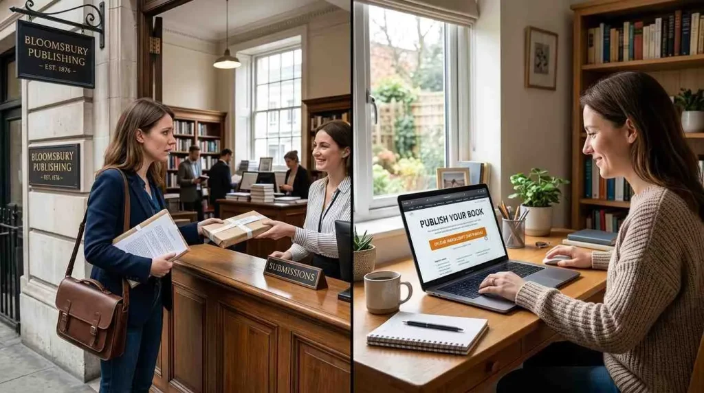 A comparison of traditional publishing submissions versus self-publishing on a laptop, highlighting the different royalty structures that impact average author earnings per book sold.