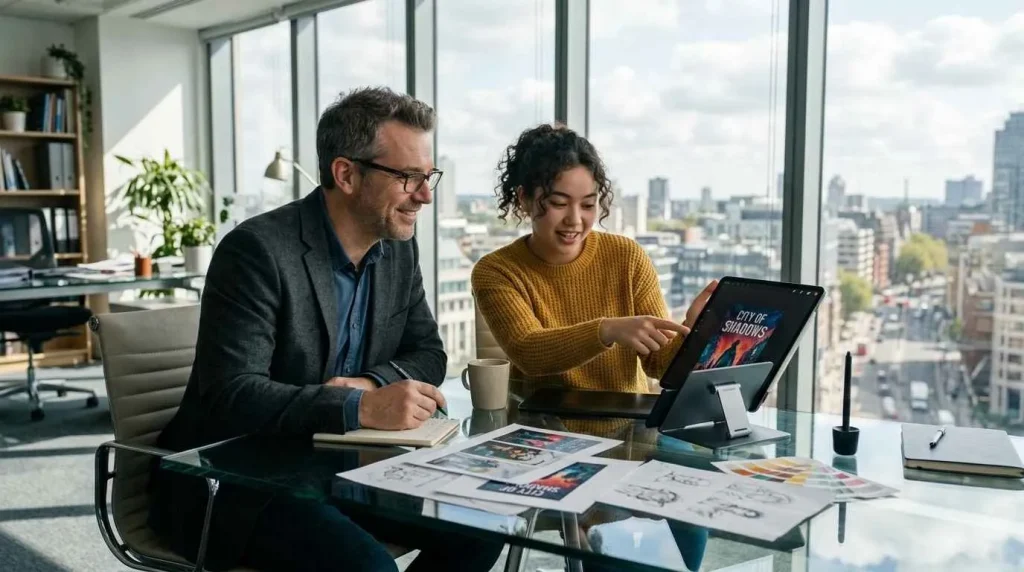 professional book cover designer discussing illustration prices and project concepts with a client using a digital tablet in a modern office.