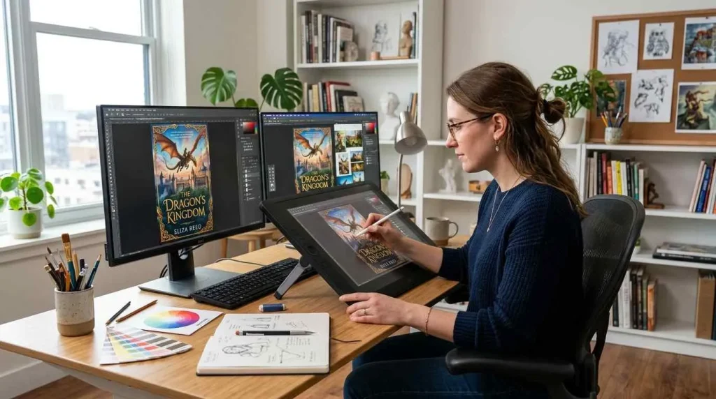 A digital illustrator working on a fantasy book cover design, showing the detailed process that influences professional illustration pricing.