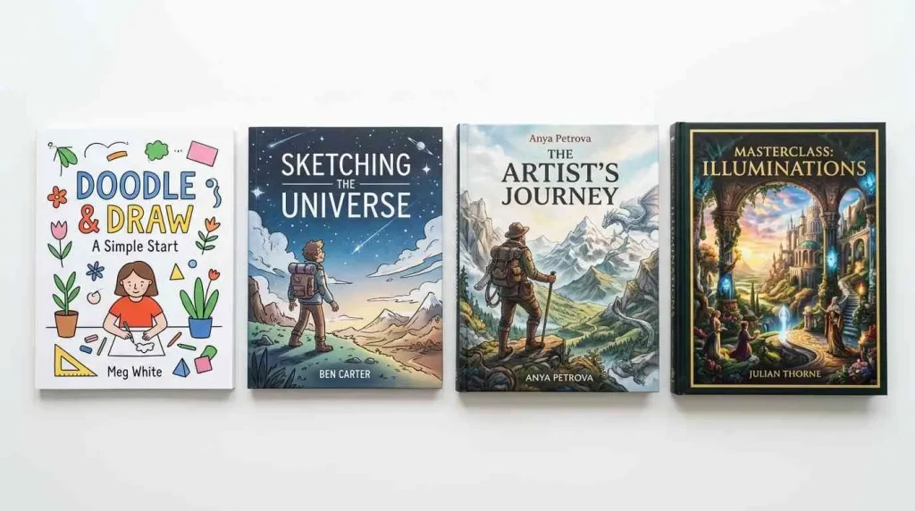 Four different book cover illustration styles, from simple doodles to complex fantasy art, representing various price points for authors.