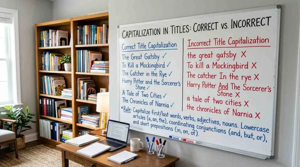 A whiteboard showing correct versus incorrect title capitalization rules for famous book titles like The Great Gatsby and To Kill a Mockingbird.