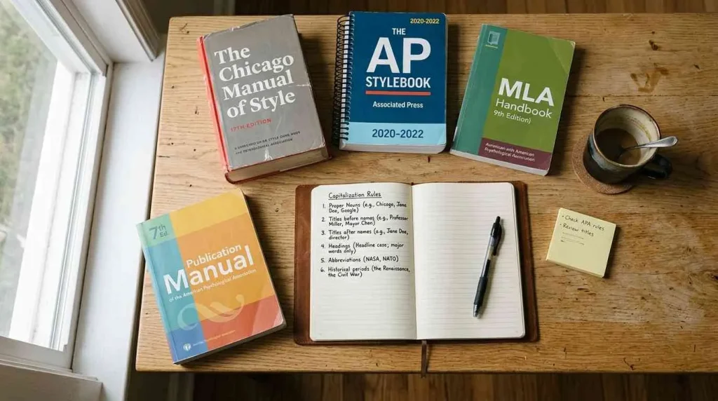 A desk with The Chicago Manual of Style, AP Stylebook, and MLA Handbook next to a notebook listing essential title capitalization rules.