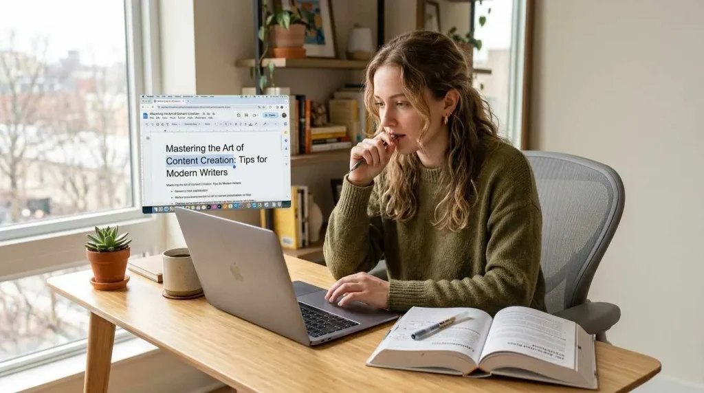 A writer at a laptop reviewing an article title to ensure it follows proper title capitalization rules for professional web content.