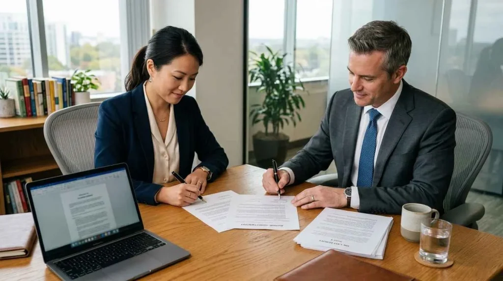 A professional ghostwriter discussing manuscript goals and ghostwriting services rates with a client in a bright, modern office setting.