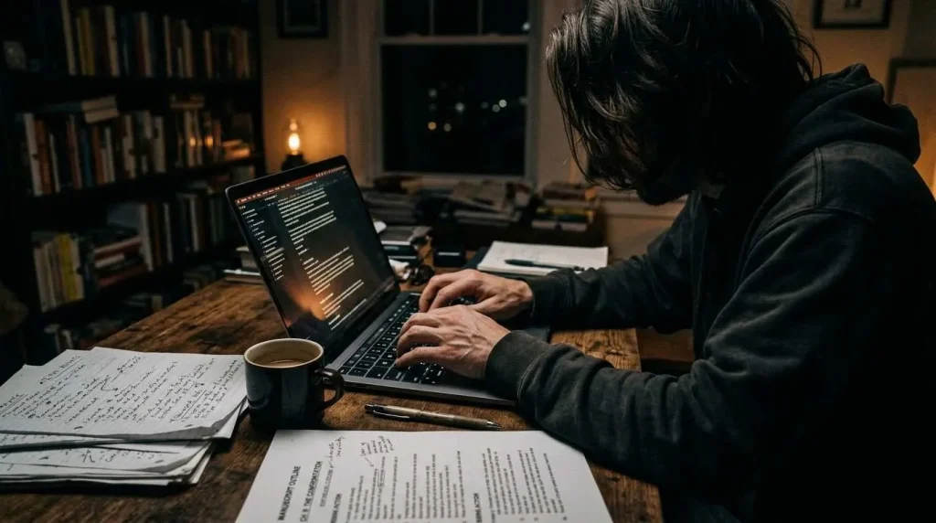 An inspiring creative workspace with a notebook, pen, and coffee, illustrating the premium environment required for high-end ghostwriting services rates.