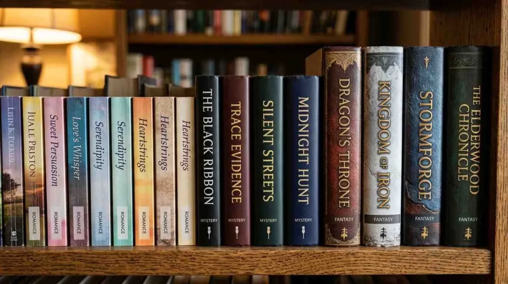 A stack of fiction and non-fiction books of varying thicknesses, illustrating the average number of pages in a book across different genres.