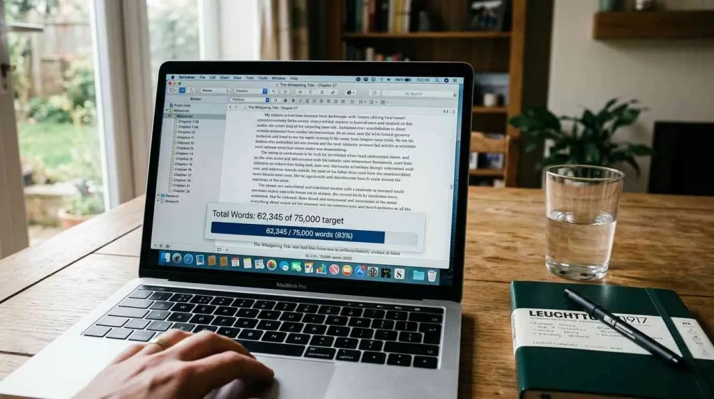 A writer using a digital tablet to outline a manuscript, calculating word counts to meet the average number of pages in a book for first-time authors.