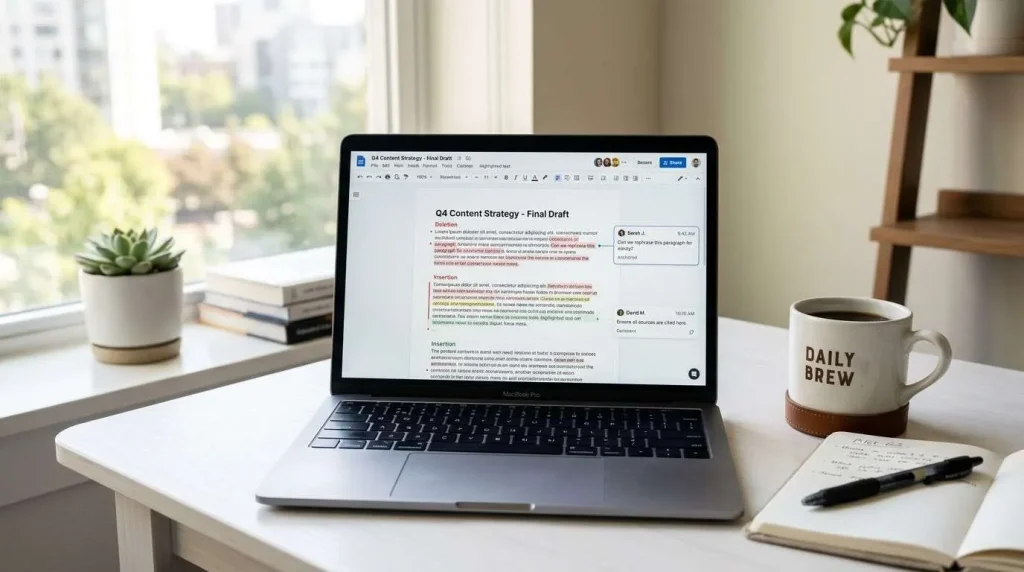 A digital manuscript open on a laptop screen showing track changes and comments, representing professional novel proofreading services