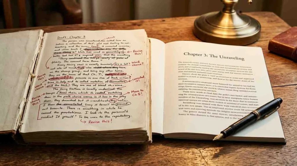 A printed novel manuscript with red pen corrections and editorial notes, highlighting the detailed process of traditional book proofreading.