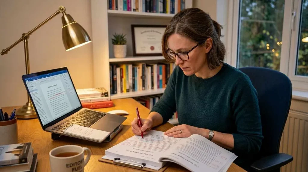 An experienced book editor reviewing a physical manuscript while using a laptop to provide comprehensive novel proofreading services.