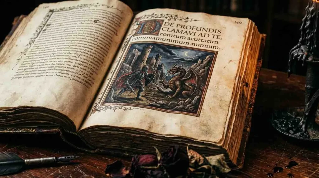 An open ancient manuscript with Latin text and an illustration of a knight facing a dragon, representing the early gothic roots of the first horror book.