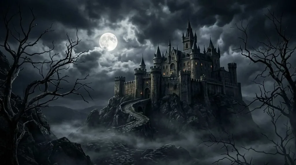 A dark, towering gothic castle on a rocky cliff under a full moon and stormy sky, a classic setting often found in the world’s first horror books.