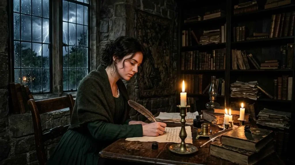 A woman writing by candlelight during a lightning storm, depicting the atmospheric creation of early gothic fiction and the first horror book.